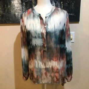 a.n.a Water Color/Tie Dye Styling High-Low Sheer Adjustable Sleeve Blouse XL